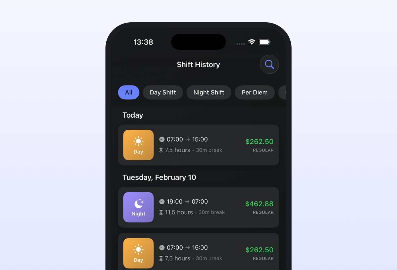 Nursly shift history on iPhone: a day shift earning $262.50 and a night shift earning $462.88