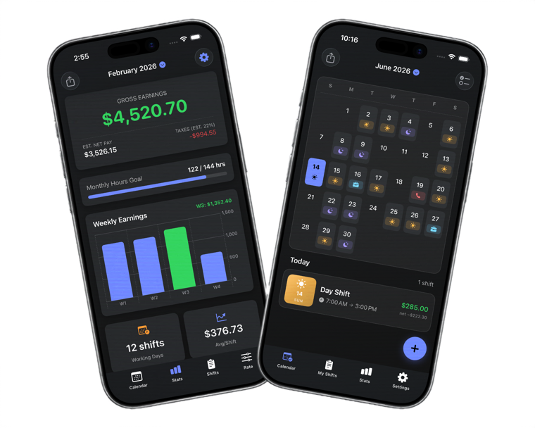 Nursly on iPhone: monthly earnings dashboard and shift calendar