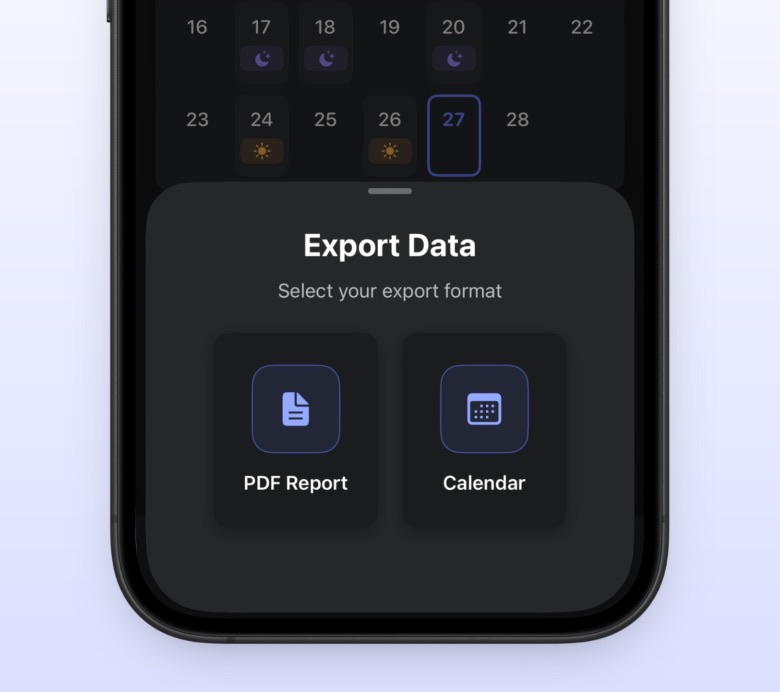 Nursly export options: PDF report and Calendar