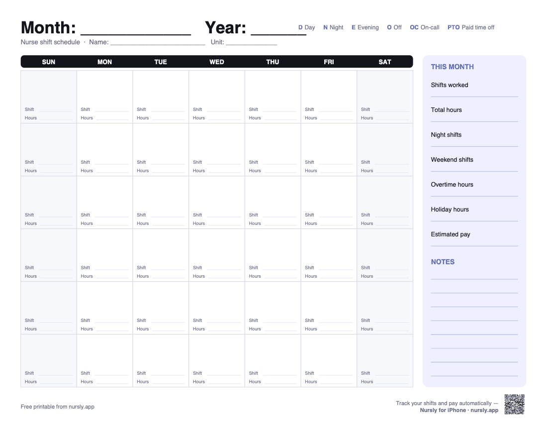 Blank monthly nurse shift schedule template with write-in month and year