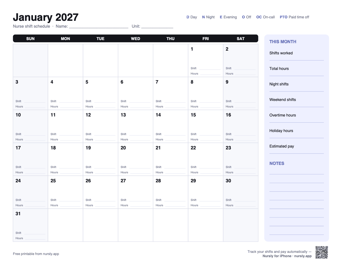 2027 nurse shift calendar: monthly page with shift and hours boxes and a monthly totals column